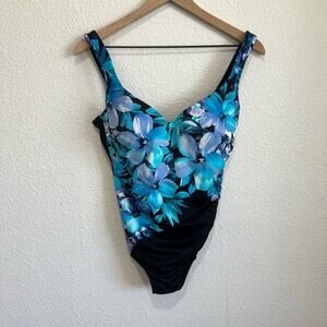 Miraclesuit Women's Size 12 One Piece Floral Slimming Blue Black Swimsuit Boho